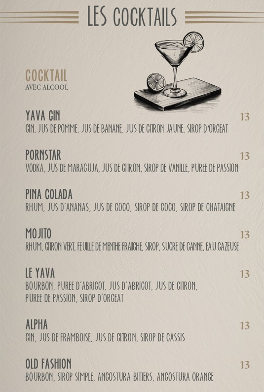 menu de yava paris cocktails