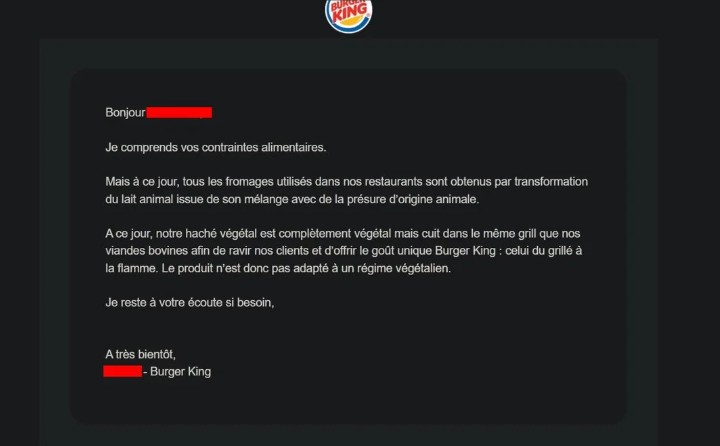 service client burger king reponse